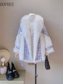 Мода 2023, Новое утепленное зимнее женское пальто из искусственного меха, лоскутное шитье, блестки, бисероплетение, Твидовая теплая куртка, Элегантные пальто средней длины