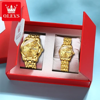 OLEVS Пара Часов, лучший бренд, Наручные часы для влюбленных, Модный тренд, Оригинальные кварцевые часы, Водонепроницаемые, светящиеся, Подарочный набор для него и Нее