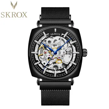 SKROX Прозрачные механические часы с Квадратным Скелетом, синие указатели, Роскошные мужские часы с магнитной пряжкой из нержавеющей стали 316L, автоматические мужские часы