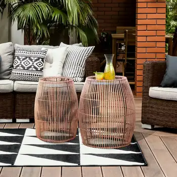 Круглый столик из бамбука для внутреннего дворика с железом, коричневый