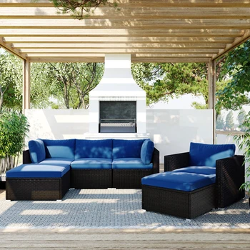 Набор мебели для патио из 6 предметов, открытый секционный всепогодный диван из плетеного ротанга из полиэтилена со стеклянным столом, синяя подушка